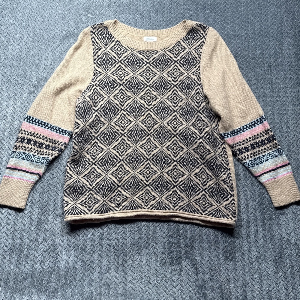 Sundance Beige & Black Patterned Crewneck Sweater with Pink Accent